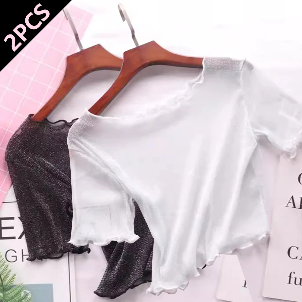 

2 PCS 1 SET Women T-shirt O Neck Short Sleeve Sweet Sheer Trim Crop Top Woman See-through Glitter Mesh Tee T shirt Streetwear