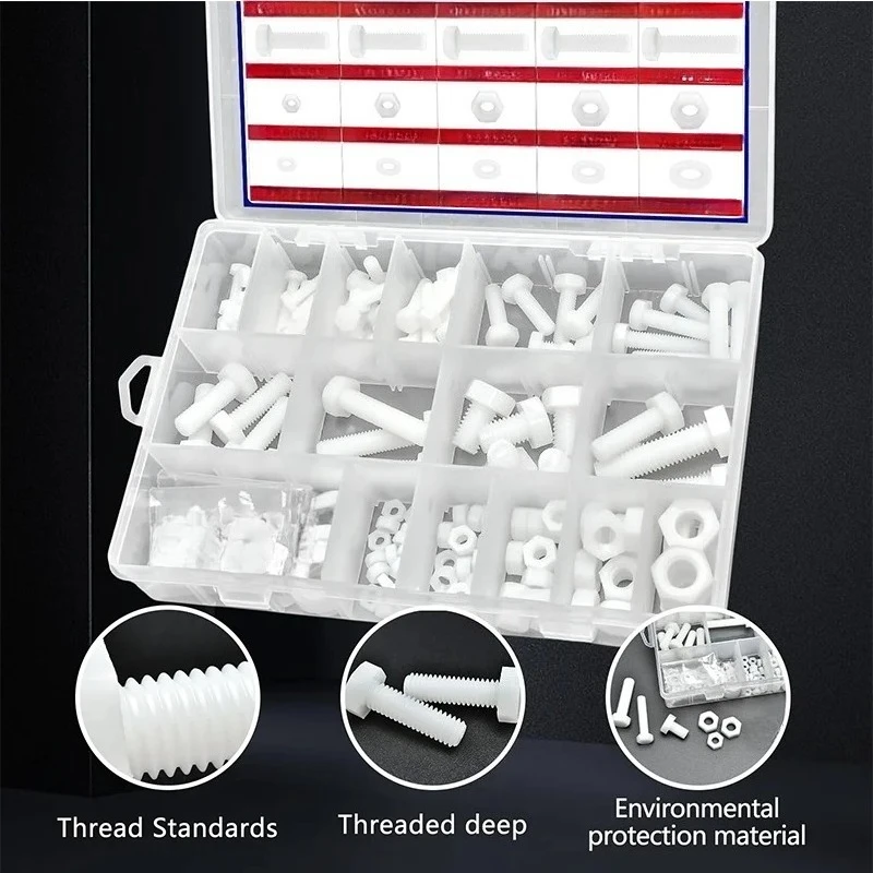98PCS Nylon Hex Bolts, Nuts, and Washer Set, Threaded Plastic Screws for Microcontroller Building Insulated PCBs M5 M6 M8 M10
