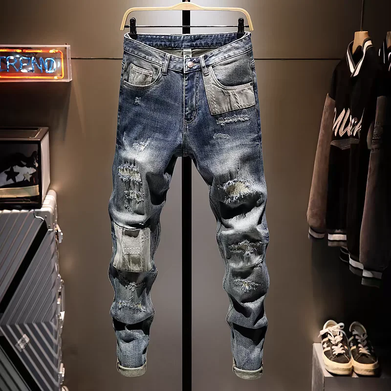 

High-End American Retro Men's Jeans Spring Autumn Casual Patchwork Hole Elastic Slim Fit Casual Long Pants Youth Sle