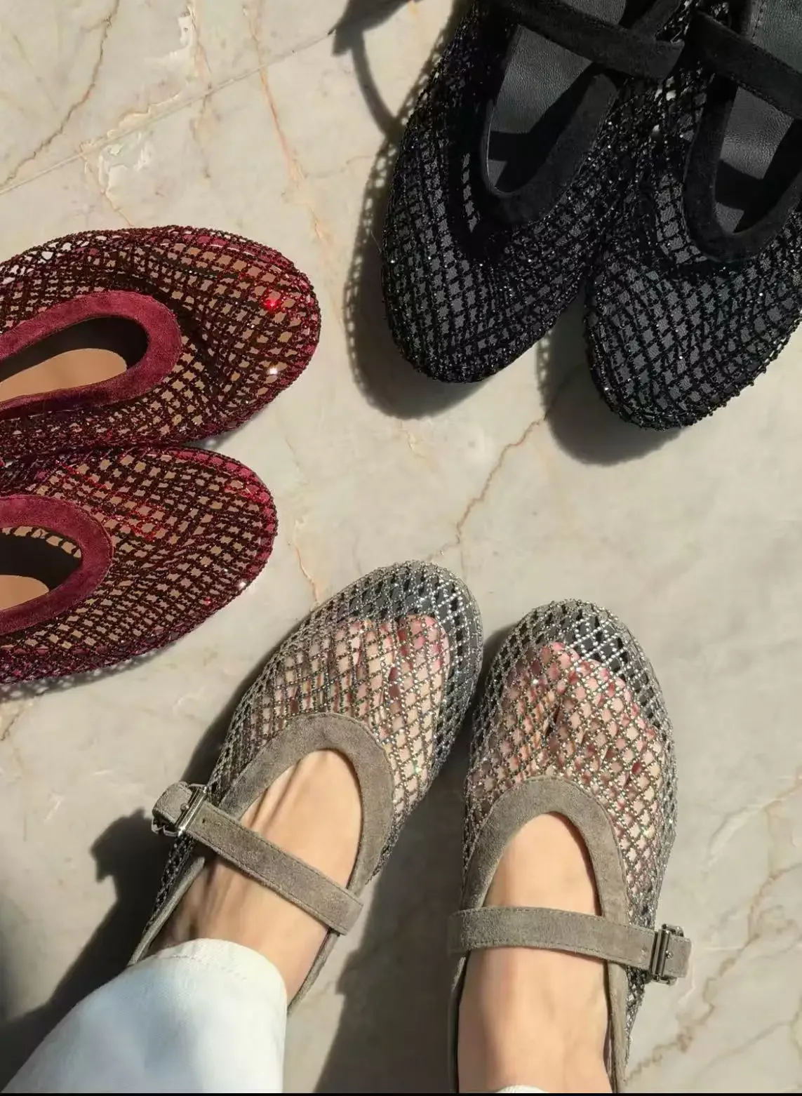 2026 Neues Modell~ Netzstoff Strass Ballerinas Mary Jane Damenschuhe mit Ausgehöhltem Riemen – Detail 16