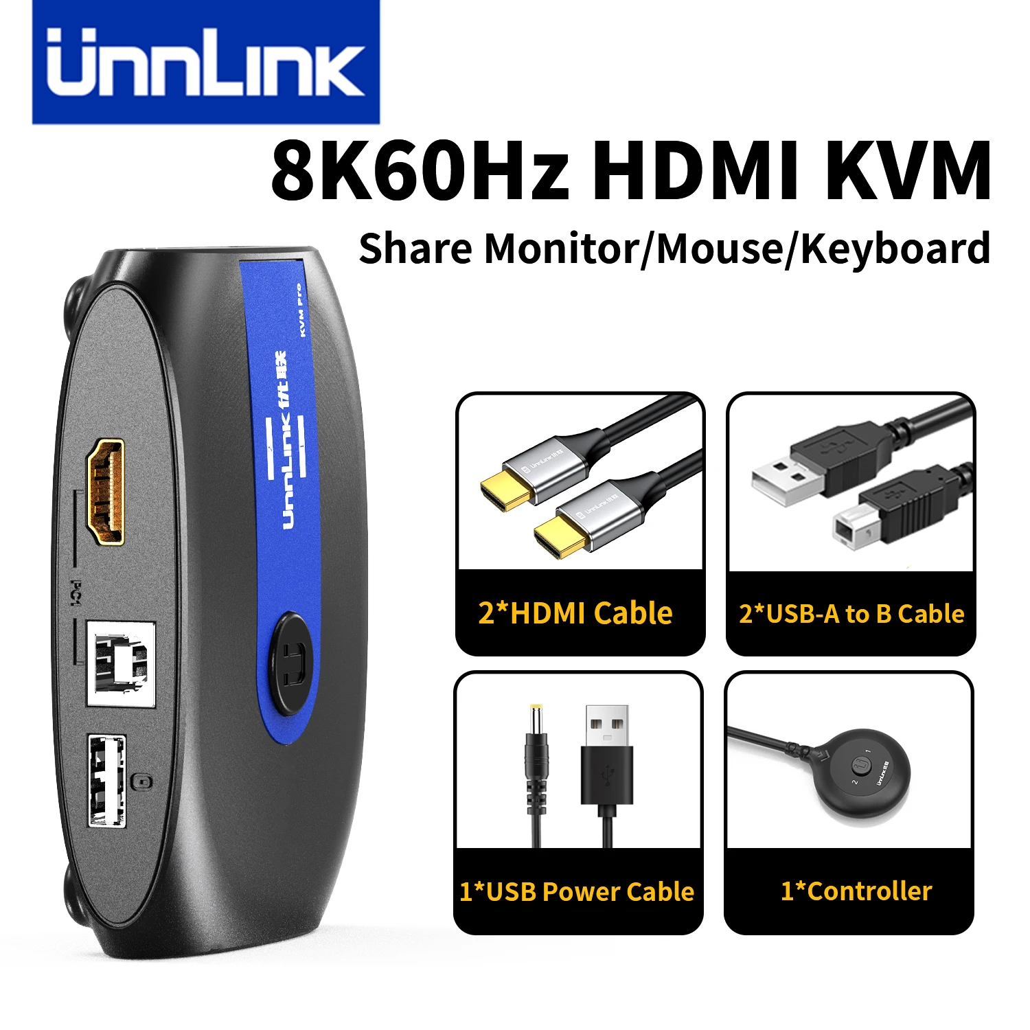 

Unnlink HDMI USB KVM Switch 8K 60Hz 4K 120Hz Video Switch 2 Ports with Controller for PC TV box Share Mouse Keybord Monitor
