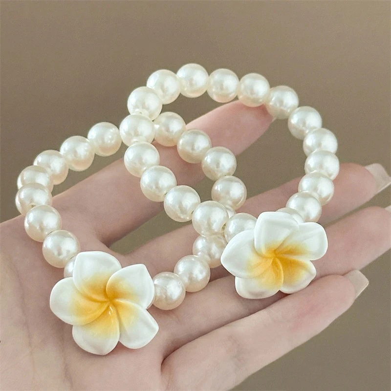 Fashion Elegant Plumeria Flower Head Rope Hair Ties Sweet Korean Flower Hair Rope Women Elastic Rubber Band Pearl Hair Loop