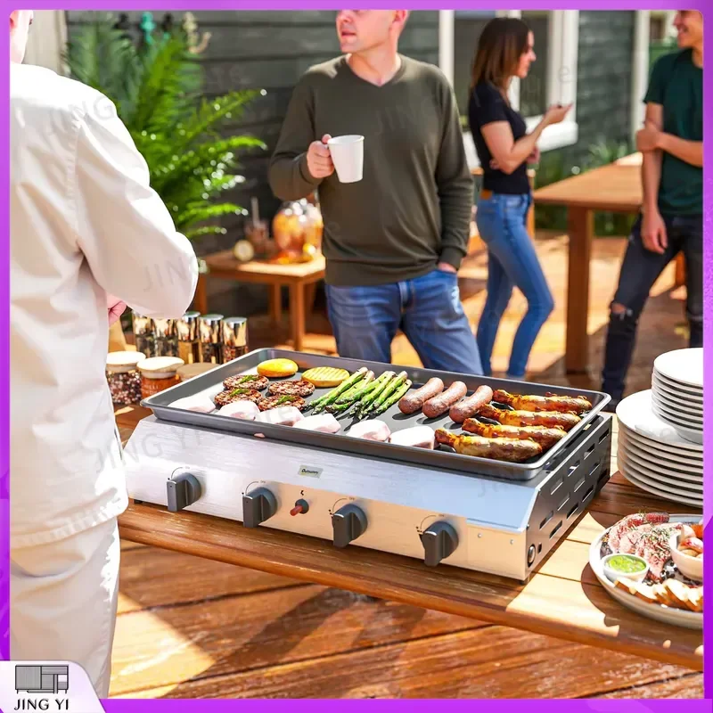 

Gas Grill BBQ Grill with Non-Stick Griddle Portable Camping Grill Outdoor Cooking Equipment Stainless Steel Gas