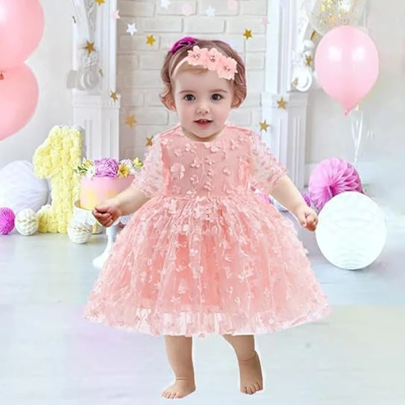 

Baby Girl Bowknot Flower Dress With Headwear Baptism Dresses Infant Toddler Flower Girls Tulle Gown Wedding 1st Birthday Party