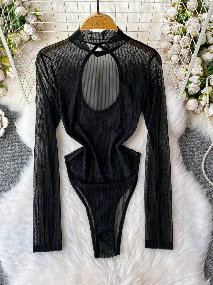 

Sexy Hollow out Long Sve Pants for Women Slimming High Slit Net irt Stand Collar Summer Commute Straight Tube