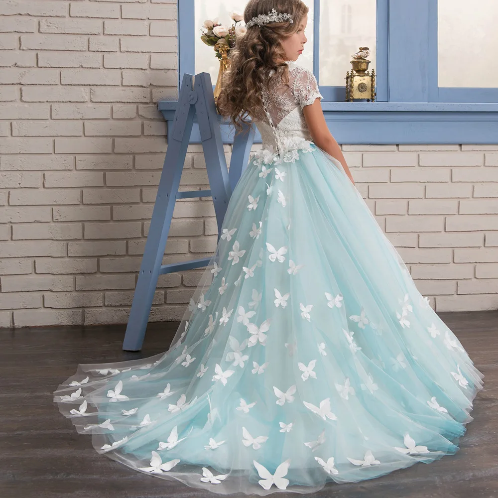 High Quality Butterflies Design Boutique Blue Lace Waist O-neck Evening Dress Kids Flower Girls Party Gown