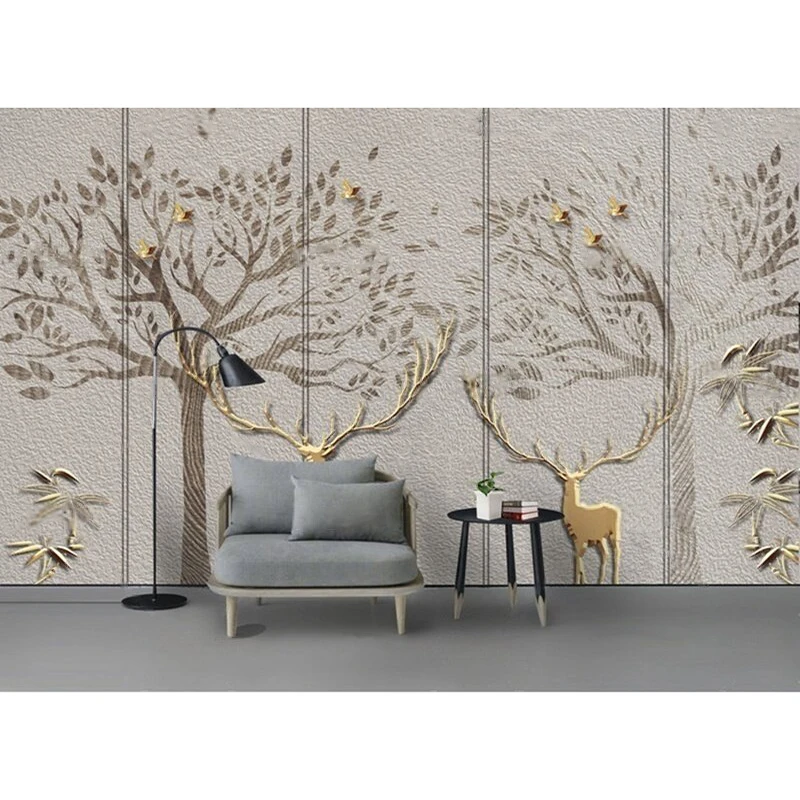 Modern Minimalist Stylish Abstract Tree Golden Deer Artistic Relief Texture Romantic Bedroom Hotel Plant Store Background Wall