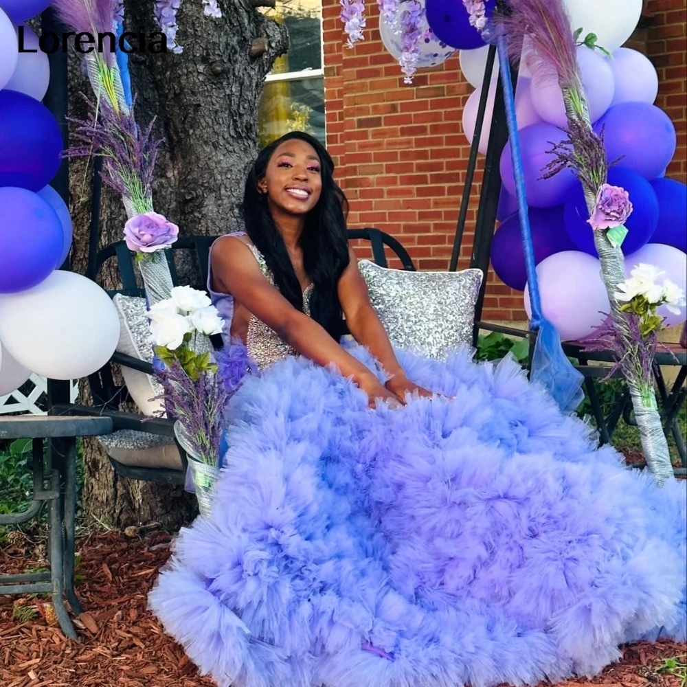 Customized Lavender Ruffles Prom Dress 2024 For Black Girls Rhinestones Silver Birthday Party Dress African Evening Gown YPD154