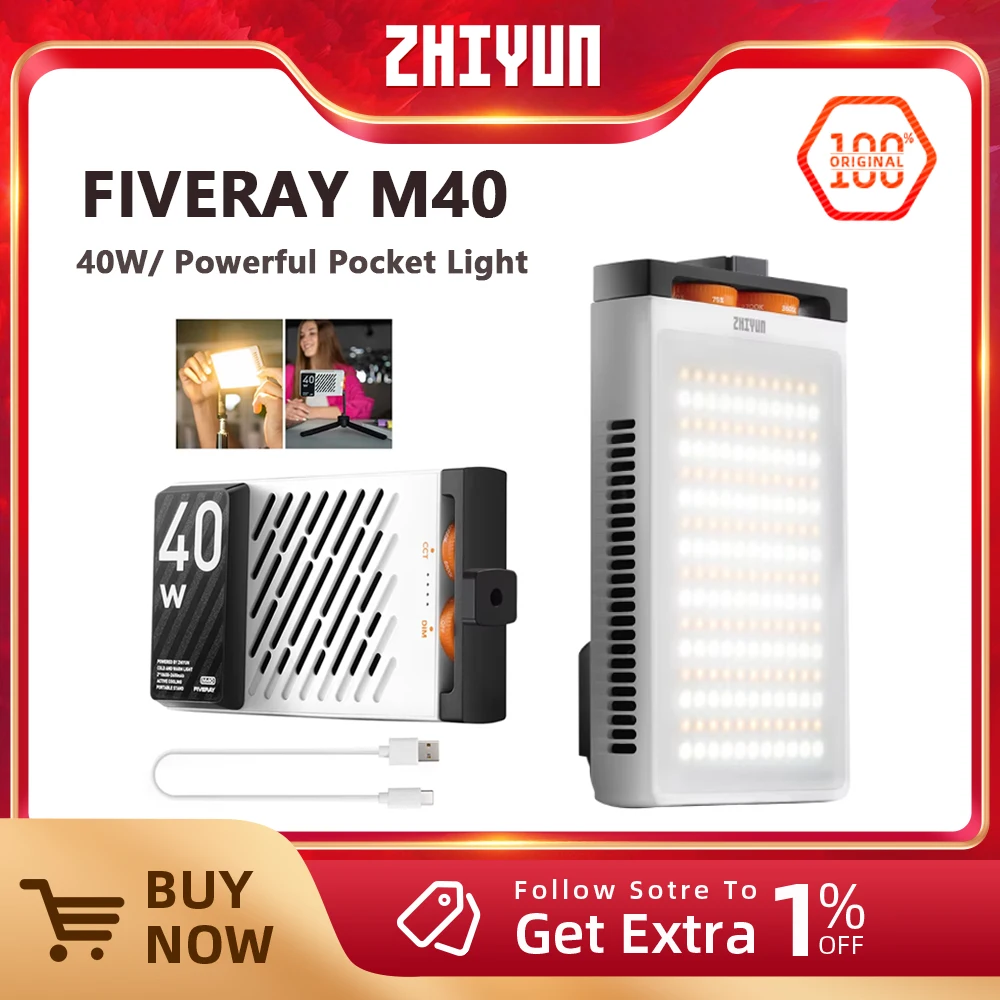 ZHIYUN FIVERAY M40 Mini LED Video Light Support PD Fast Charge 40W Pocket Light for Studio Photography for Live Streaming