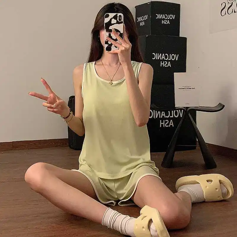 Ladies Cool Feeling Ice Silk Sleepwear Summer Pajama Suspender Shorts Pyjamas Casual Nightie Home Wear Two-Piece Set New Arrival
