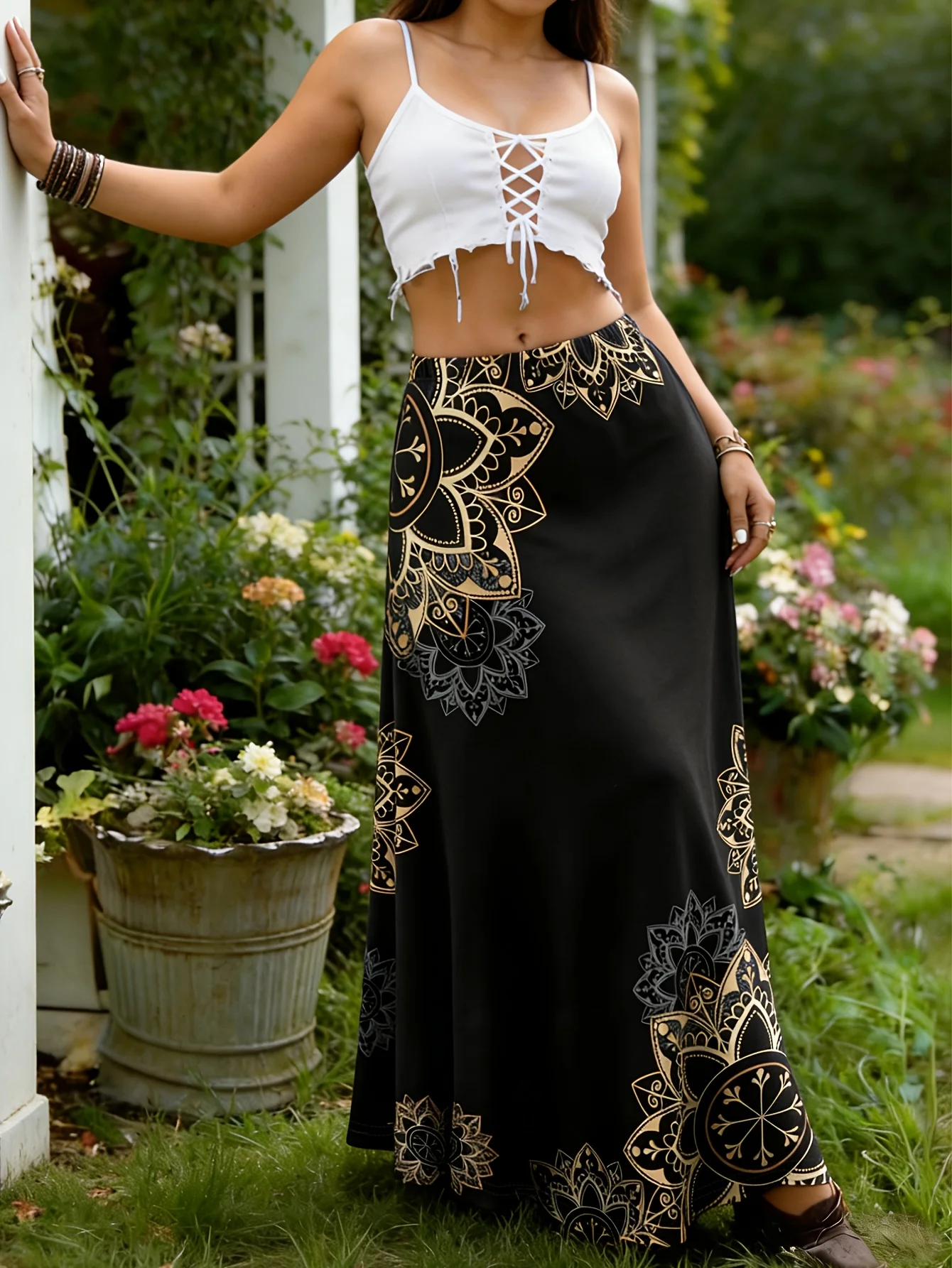 Women Ethnic Style Sacred Pattern Printed Long Skirt, Flowy High Waist A-line Maxi Skirt for Beach Holiday