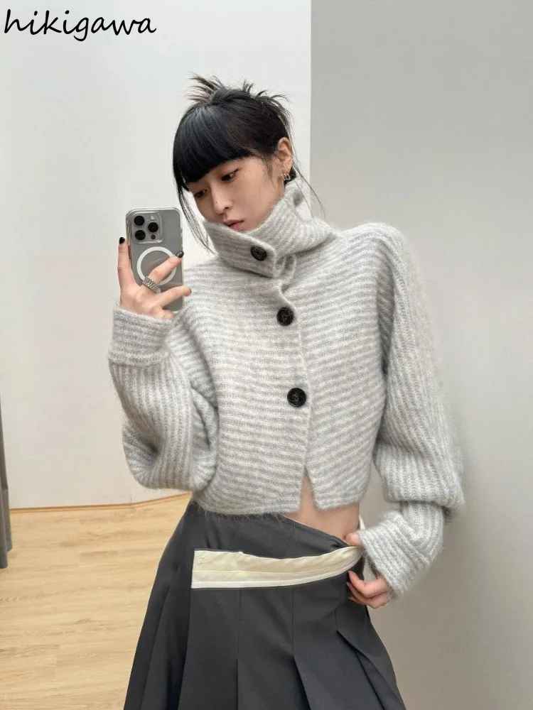 Cardigan Women 2024 Fall Winter Clothing Long Sleeve Turtleneck Solid Color Sueter Mujer Casual Fashion Knitted Sweater Tops