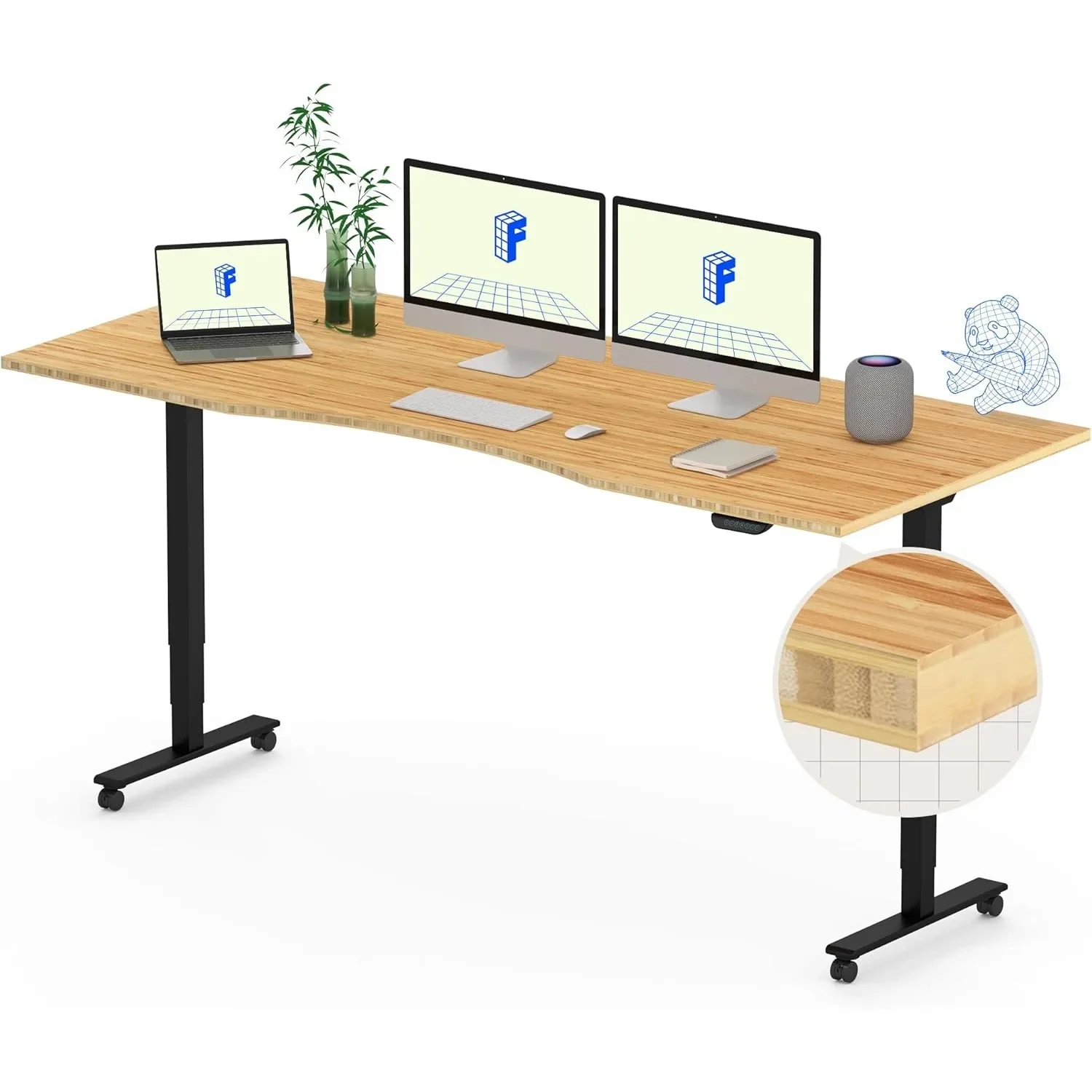 Bamboo Dual Motor 3 Stages Standing Desk 72x30 Inch Whole-Piece Board Electric Height Adjustable Desk Stand Large Load Capacity