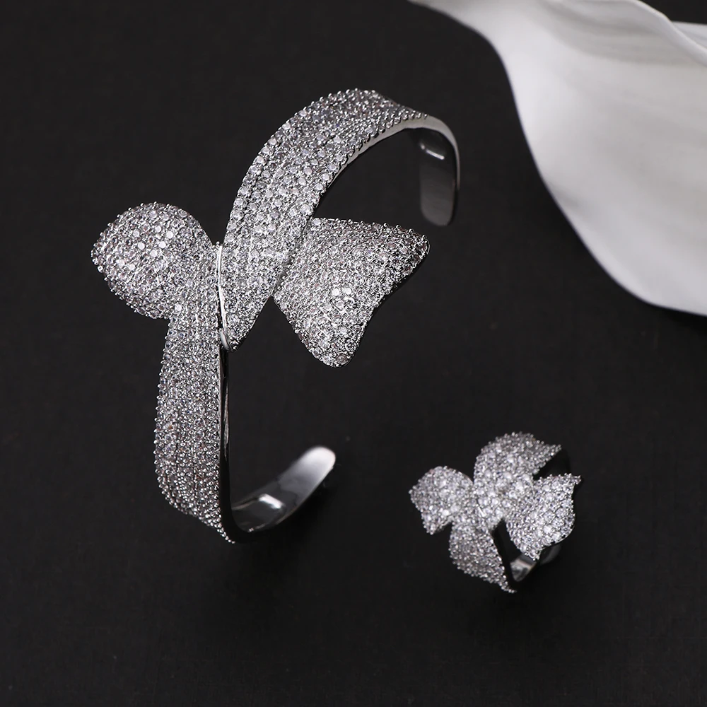 Trendy Luxury Korea Trendy Jewelry Set For Women Wedding Cubic Zircon Bangle Ring Set S648