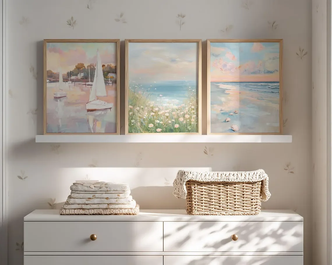 Pink Coastal Wall Art Set - Coquette Preppy Summer Beach Print, Pastel Wildflower Ocean Artworks