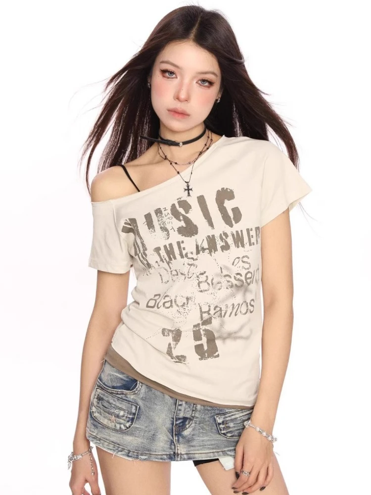 Retro americano fora do ombro t camisa feminina y2k carta impressão manga curta camisetas verão fino curto coreano casual topos streetwear