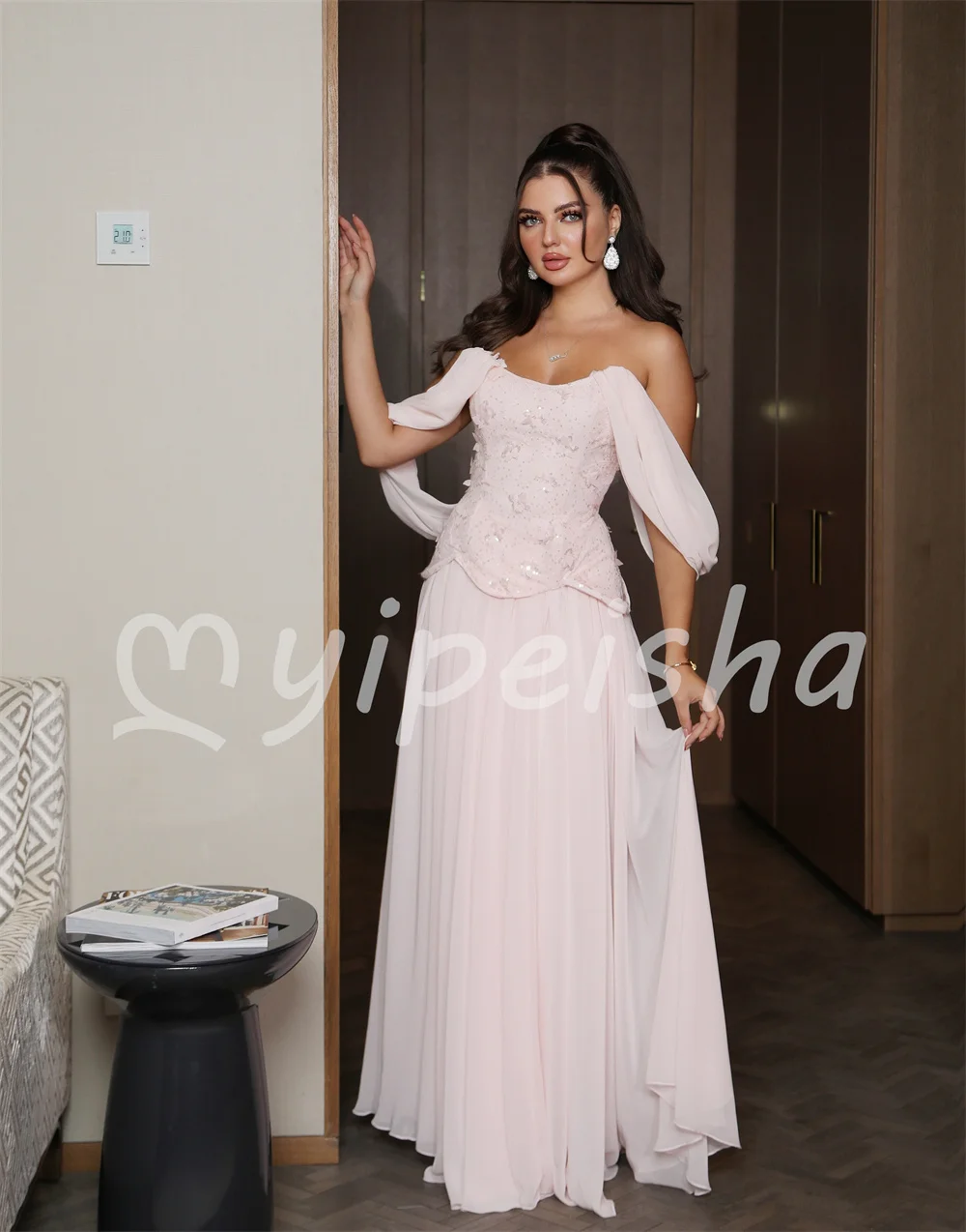 Gentle Light Pink Chiffon Exquisite Beading Sequined Flower A-line Off-the-shoulder Floor-Length Evening Dresses Customized