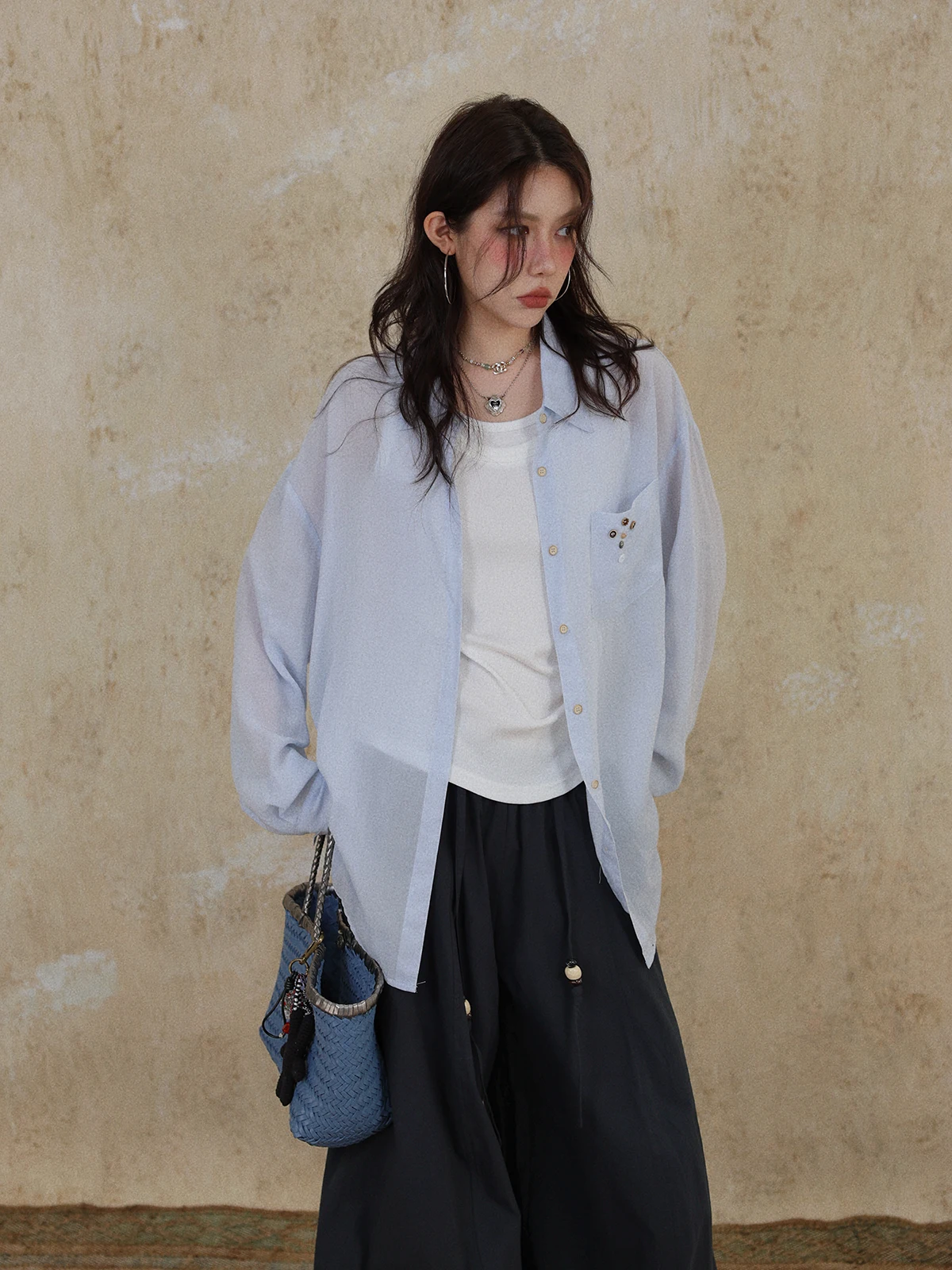 

Женская рубашка DR Pocket Button Design с длинными рукавами, тонкая, свободного кроя, летняя, универсальная, в стиле ретро, солнцезащитная верхняя одежда, повседневный стиль