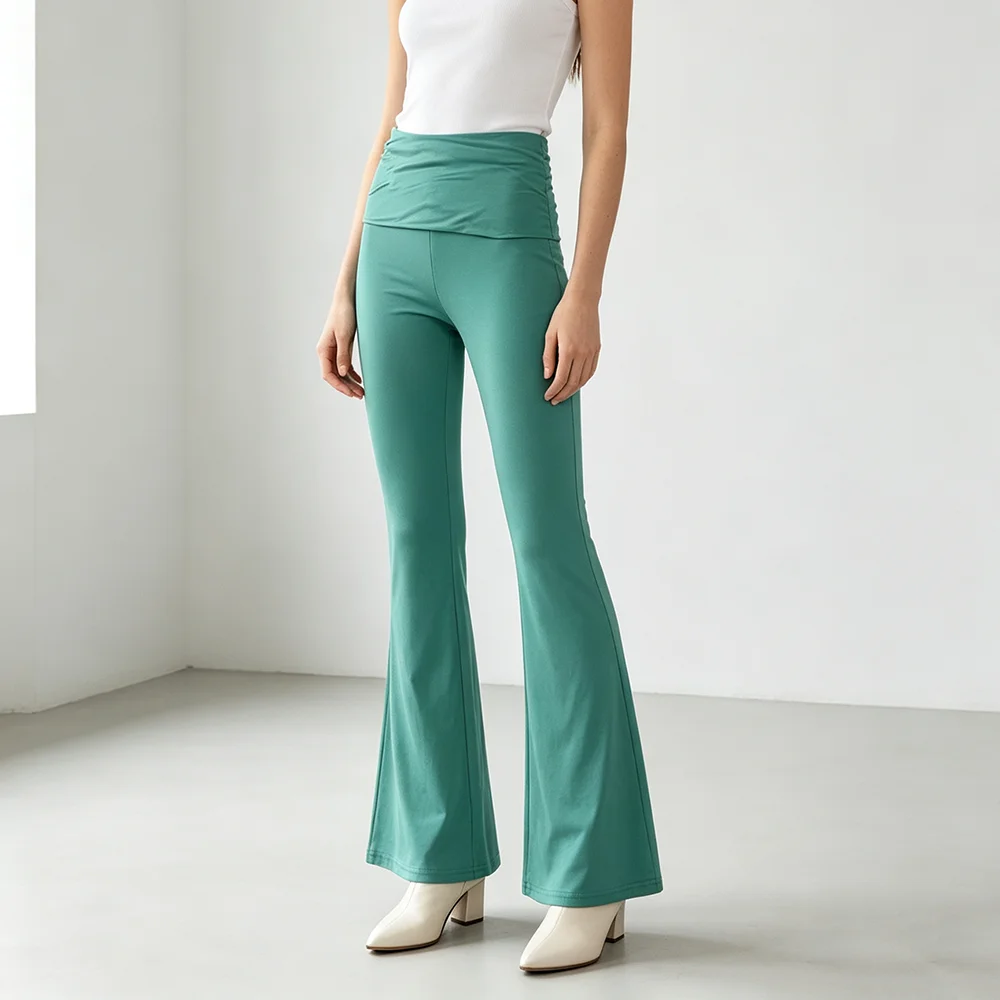 Autumn Women's Foldable High Waisted Flared Pants Solid Color Soft Elastic Pants Y2K Casual Slim Fit Micro Flared Yoga Pants