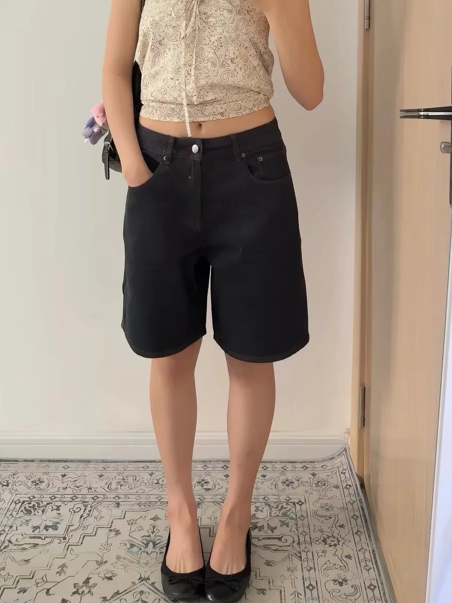 Calça Jeans Unissex Retrô Americana Lavada com Linhas Vermelhas Brilhantes, Casual para o Dia a Dia, Versátil de Verão, Model...