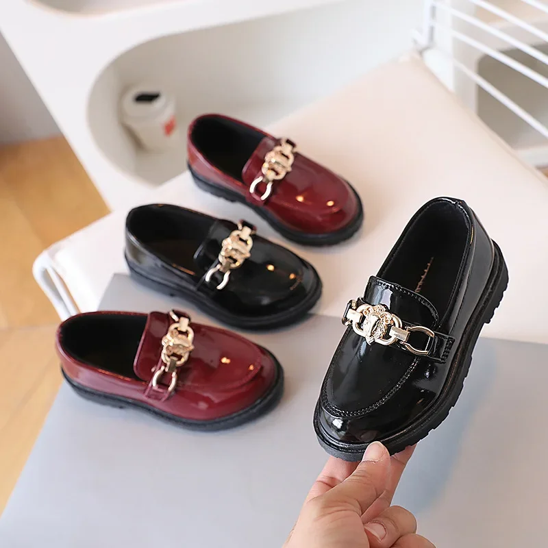 2025 for Children Platform Black Patent Leather Chain Fashion Boys Girls Flat Shoes Four Season Elegant 26-36 Kids Shoe
