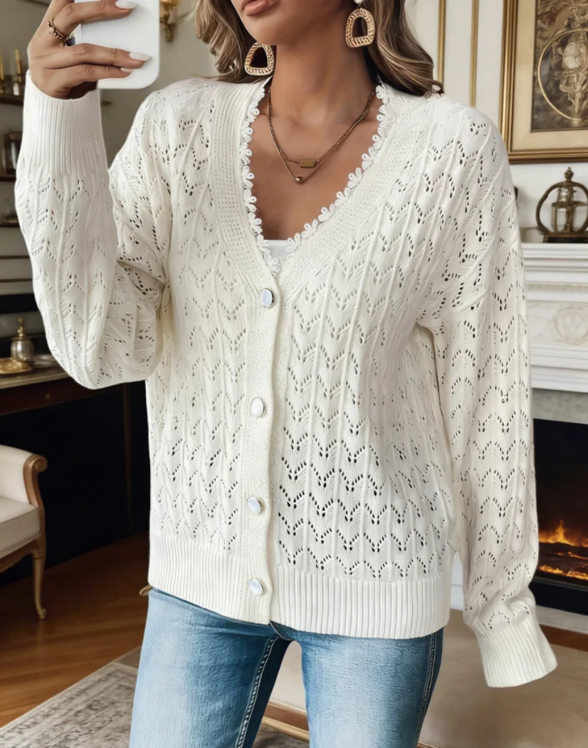 

Однотонный женский вязаный кардиган с v-образным вырезом и вырезом, модный, элегантный и повседневный, с украшением на пуговицах