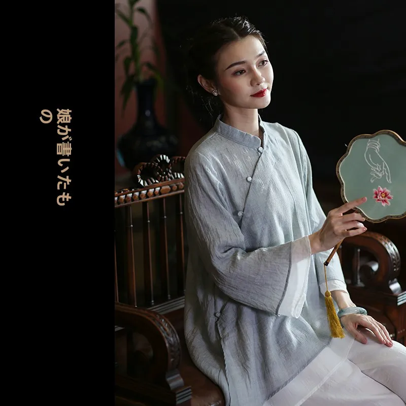 

Свободный повседневный костюм Тан, осенний топ, комплект бота для женщин с белым воротником, удобный дышащий льняной материал