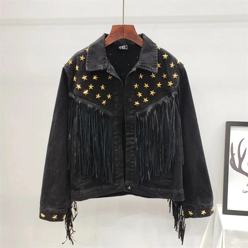 

Denim Women Jacket Nice Autumn New Spring Vintage Star Rivet Suede Fringe Loose Coat Long Sleeve Outerwear Female Boho Jacket