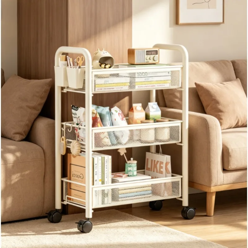Mobile Bookshelf on Wheels –Handcart Layered Storage Rack,Under-Table Cabinet,Pulley Reading Stand – Book Cart for Home & Office