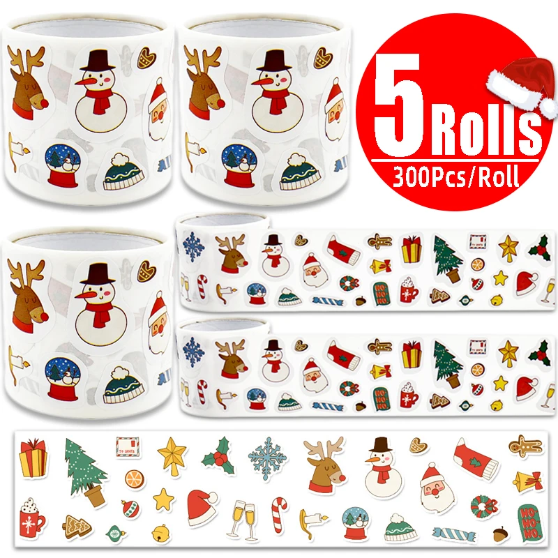 1-5Rolls Cartoon Merry Christmas Stickers Decorative Sealing Sticker New Year Reward Self-adhesive Labels For Kids Gift Party