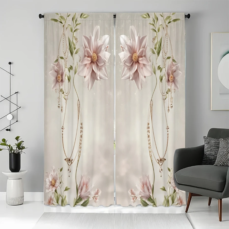 2PCS Digital Printed Curtains, Pink Chain Flower Shadow Pattern, Stylish Window Treatment for Living Room Bedroom Decor