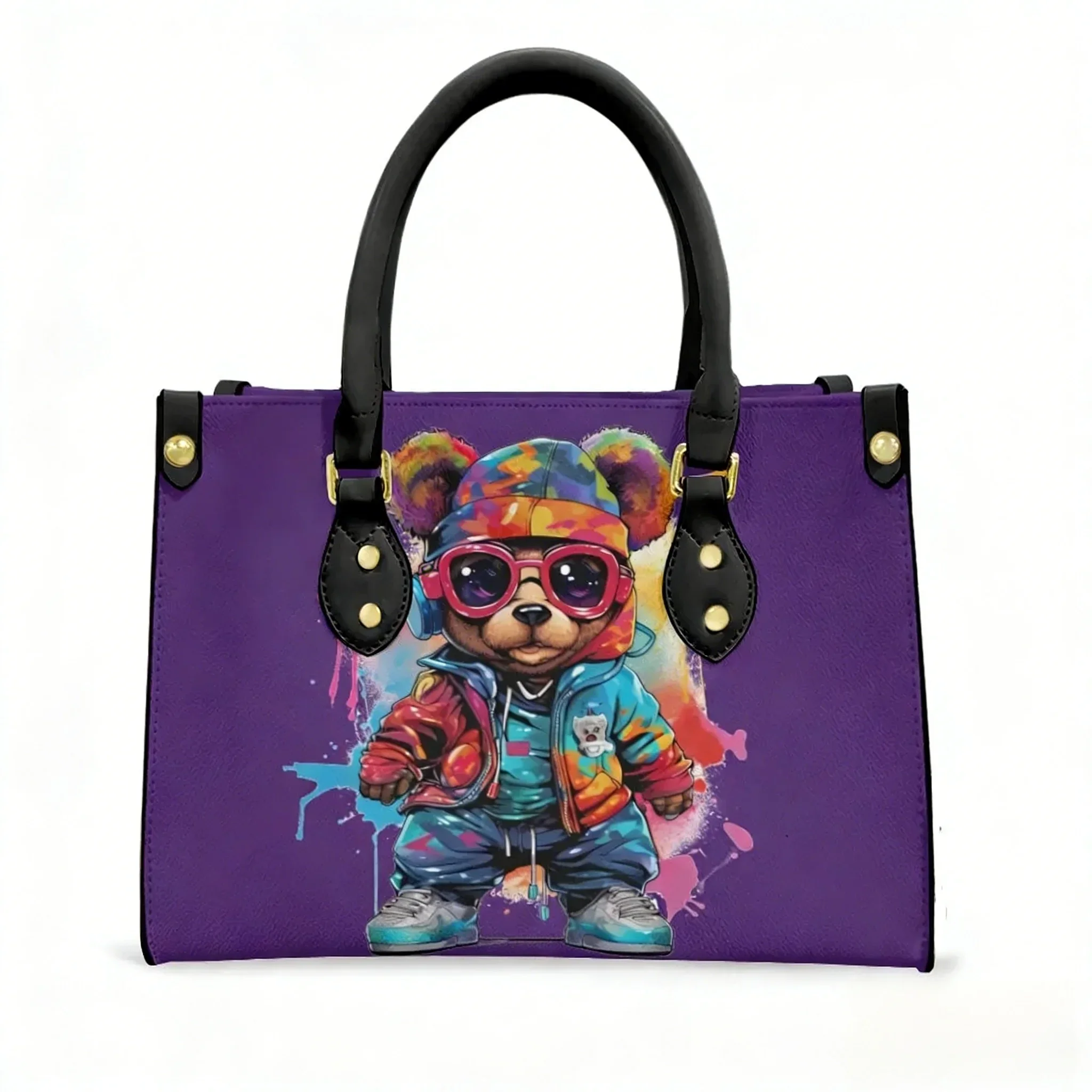 

Kawaii Graffiti Bear Tote Bag Purse Womens Mens Personalized Text Image PU Leather Handbag Business Shopping Gift Bags