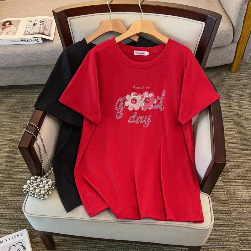 

170Kg Plus Size Women's Bust 170 Summer Loose Short Sleeve Round Neck Flower Rhinestone T-Shirt 4XL 5XL 6XL 7XL 8XL 9XL