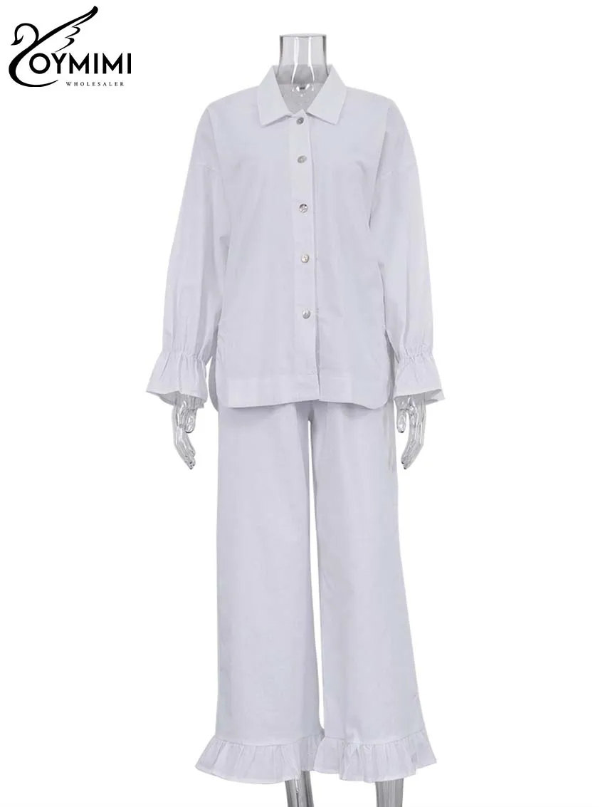 Oymimi Elegant White Cotton Sets For Women 2 Pieces Casual Lapel Long Sleeve Button Shirts And Ruffled Ankle-Length Pants Sets