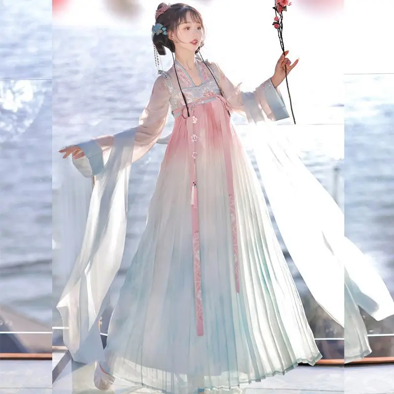 

Tang Dynasty Chinese Hanfu Fairy Dress Women's Straight Collar Top and Skirt Set Cosplay Performance Costume