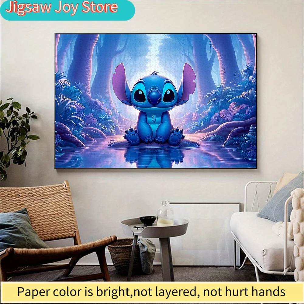 1000-delige Stitch puzzel - Grote puzzel uitdaging met Stitch in blauw & paarse tropische bos scène, verdikte randen voor stabiele opstelling