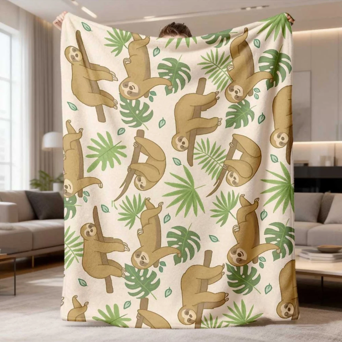 Cartoon Sloth Tropical Leaf Throw Blanket for Dorm Office Nap Bedroom Relax Birthday Anniversary Casual Gathering Gift