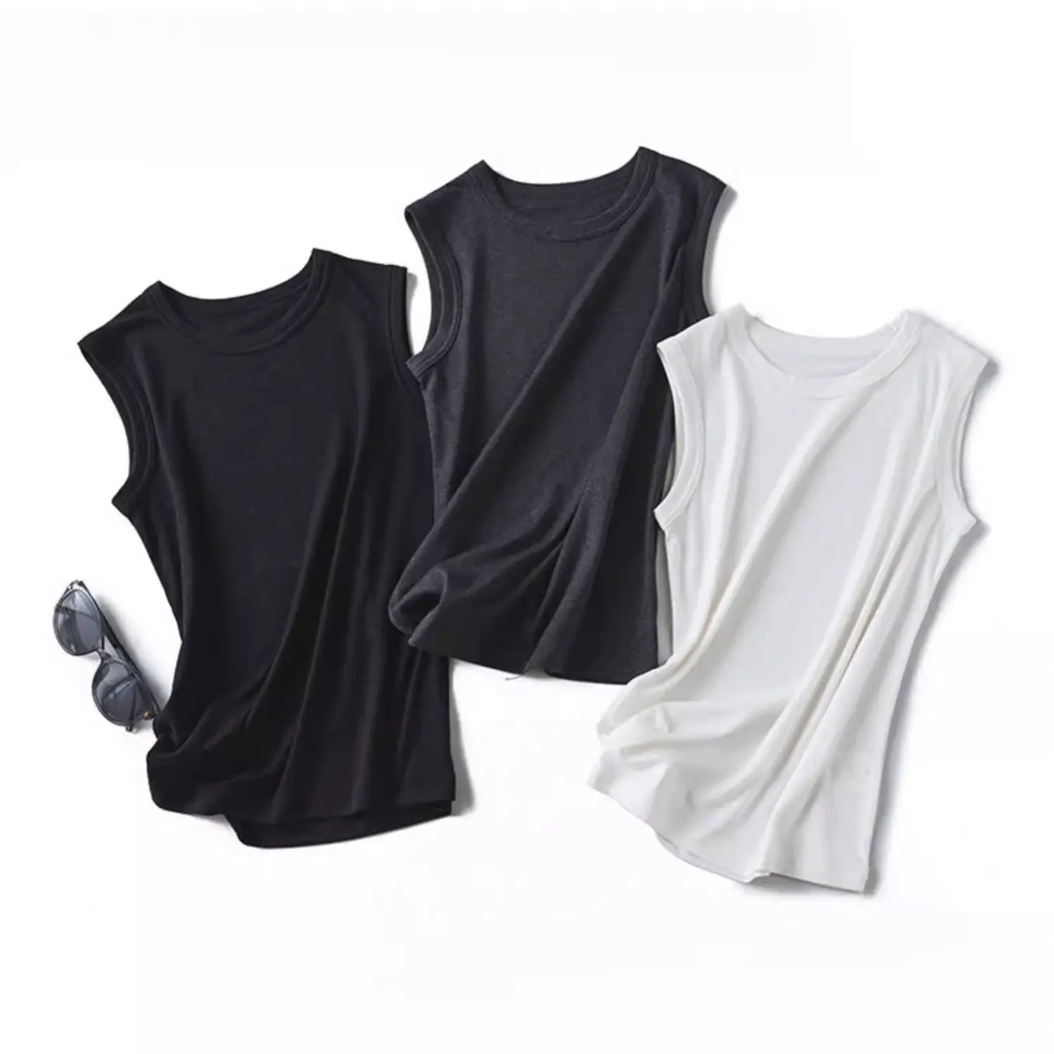 

Dave&di Linen Vest Round Neck Slim Fit Sleeveless T-shirt Top For Women T-shirt Woman Clothes Female Clothing