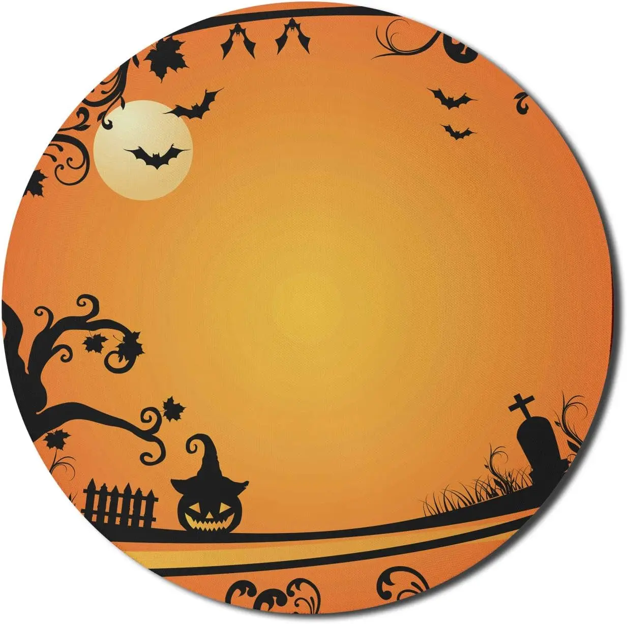 

Halloween Mouse Pad Cartoon Themed Image of Eerie Atmosphere Evil Pumpkins Bats and Moon Round Non-Slip Rubber Gaming Mousepad