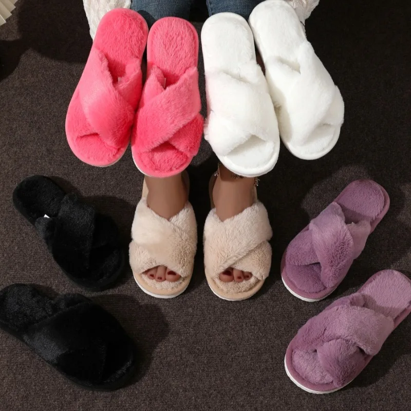 

Fashionable Plush Women's Slippers Cute Plush Slippers with Cross Band Design Winter Stay At Home Warm Cotton Slippers for Women