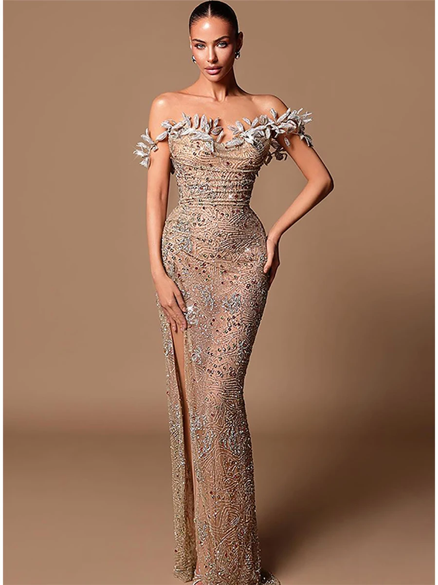 Glamorous Off the Shoulder Sequin Embroidered Maxi Dress with Floral Appliques on Sleeves High Split Formal Party Evening Wear