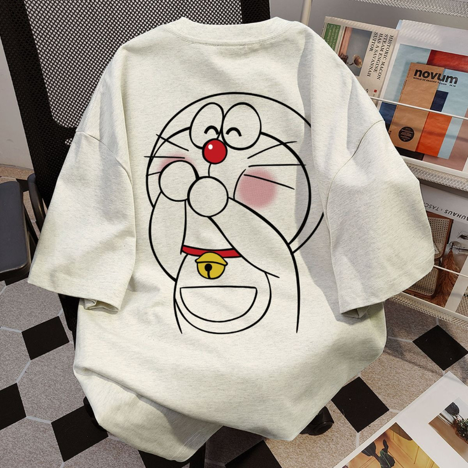  Heavy Cotton Japanese Cartoon Doraemon T-shirt Short Sleeved Couple Outfit Ins Casual Loose Summer Top Cute for Men and Women 