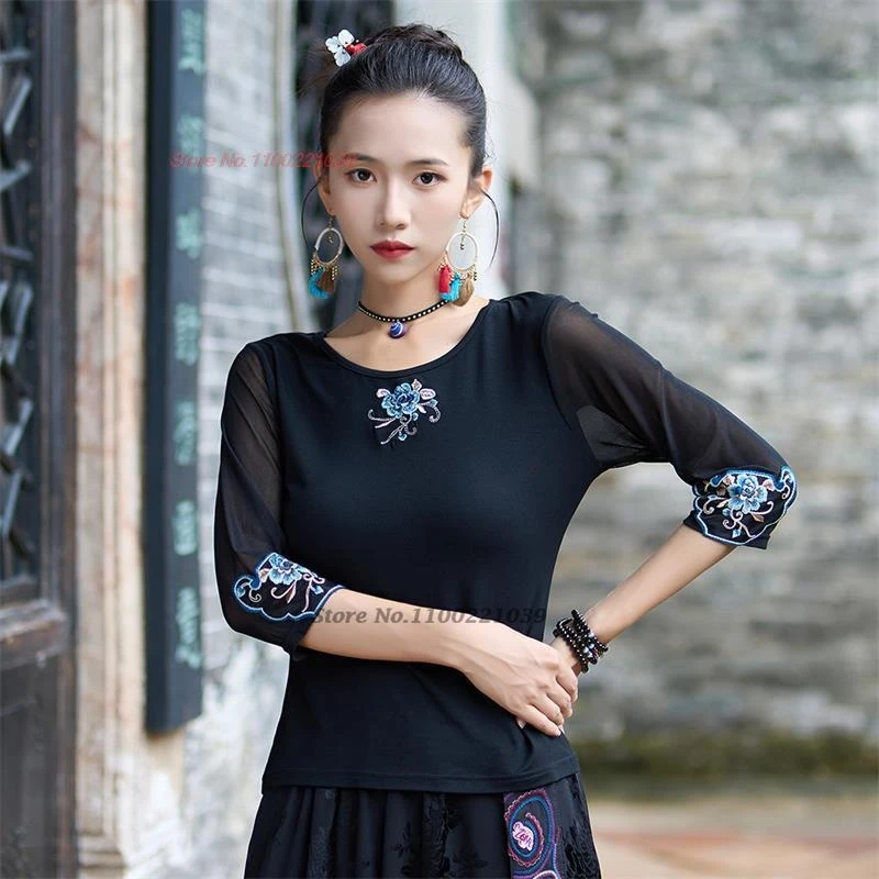 2025 chinese traditional t-shirt national flower embroidery mesh sleeve shirt chinese hanfu tops oriental o-neck base shirt