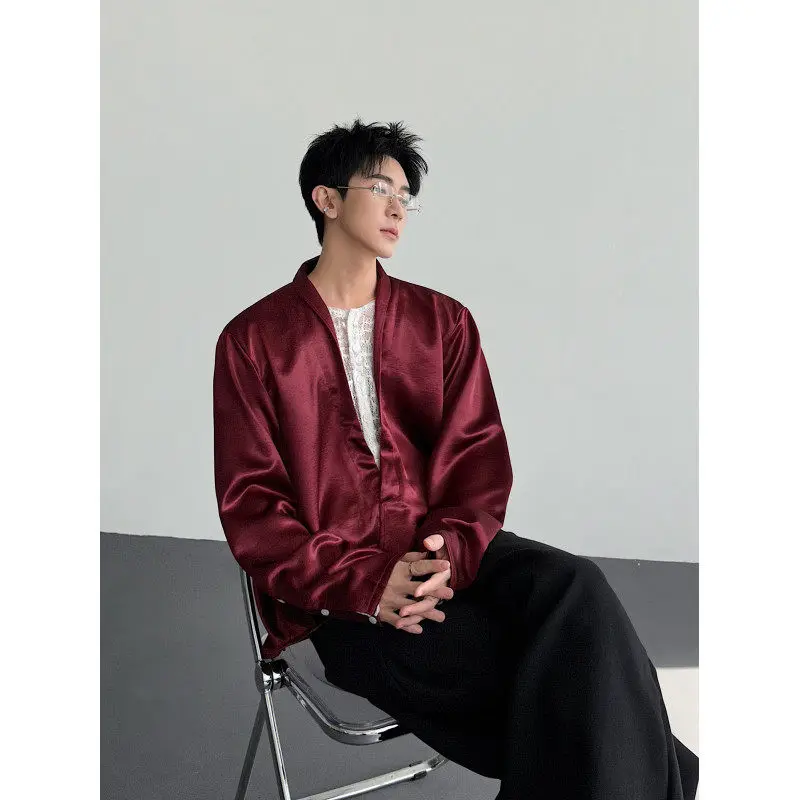 

Мужская рубашка из шелковистого ацетата с кружевным V-образным вырезом, имитация двухслойности, модная повседневная модель с длинным рукавом для весны и лета