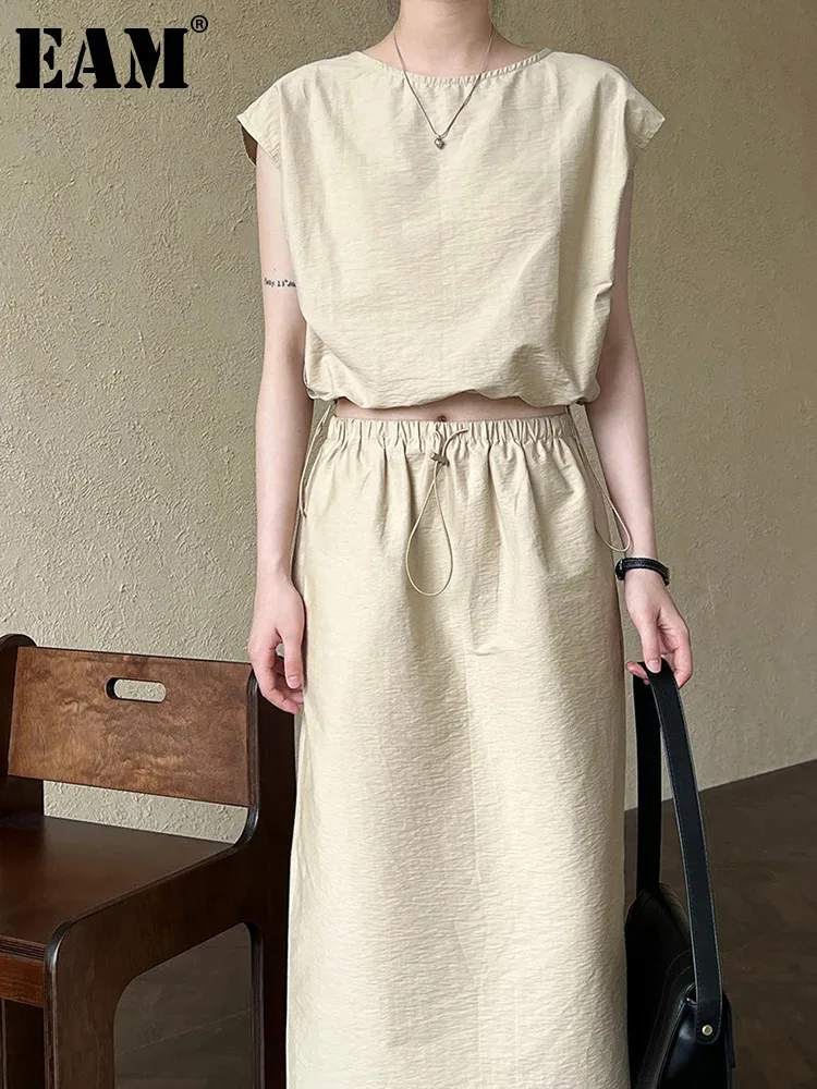 [EAM] Khaki Big Size Shirt Half-body Skirt Two Pieces Suit New Round Neck Sleeveless Women Fashion Spring Summer 2024 1DH6213