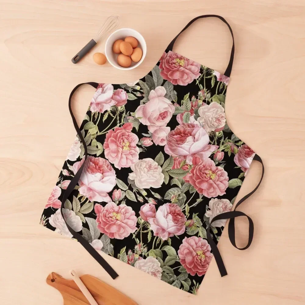 

Pink Vintage Roses on Black Apron with pockets Kitchen Utensils bib japanese woman Apron