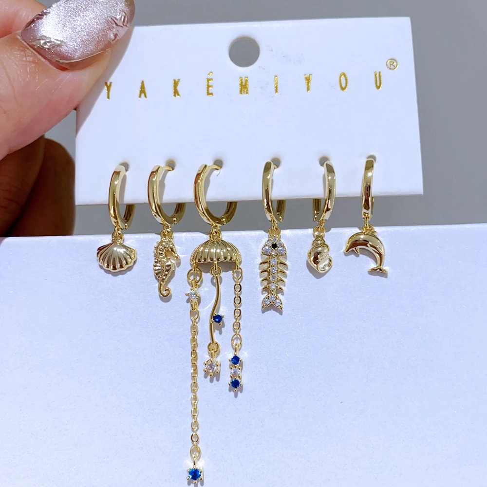 6pcs/set Cubic Zircon The Beauty Pendant Dangle Earrings Gold Plated Women Party Jewelry