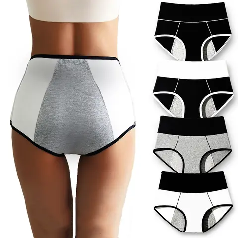 높은 허리 4Pcs 플러스 사이즈 여성 팬티 누출 방지 월경 바지 기간 속옷 생리학적 코튼 여성 팬티 확대