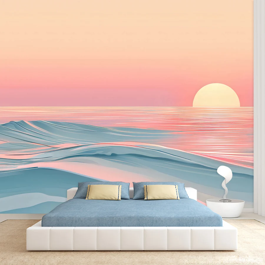 12+ Watercolor Painting Ocean Waves At Sunset Photo Wallpaper, Self Adhesive Optional, Modern Custom Walls Decor for Living Room