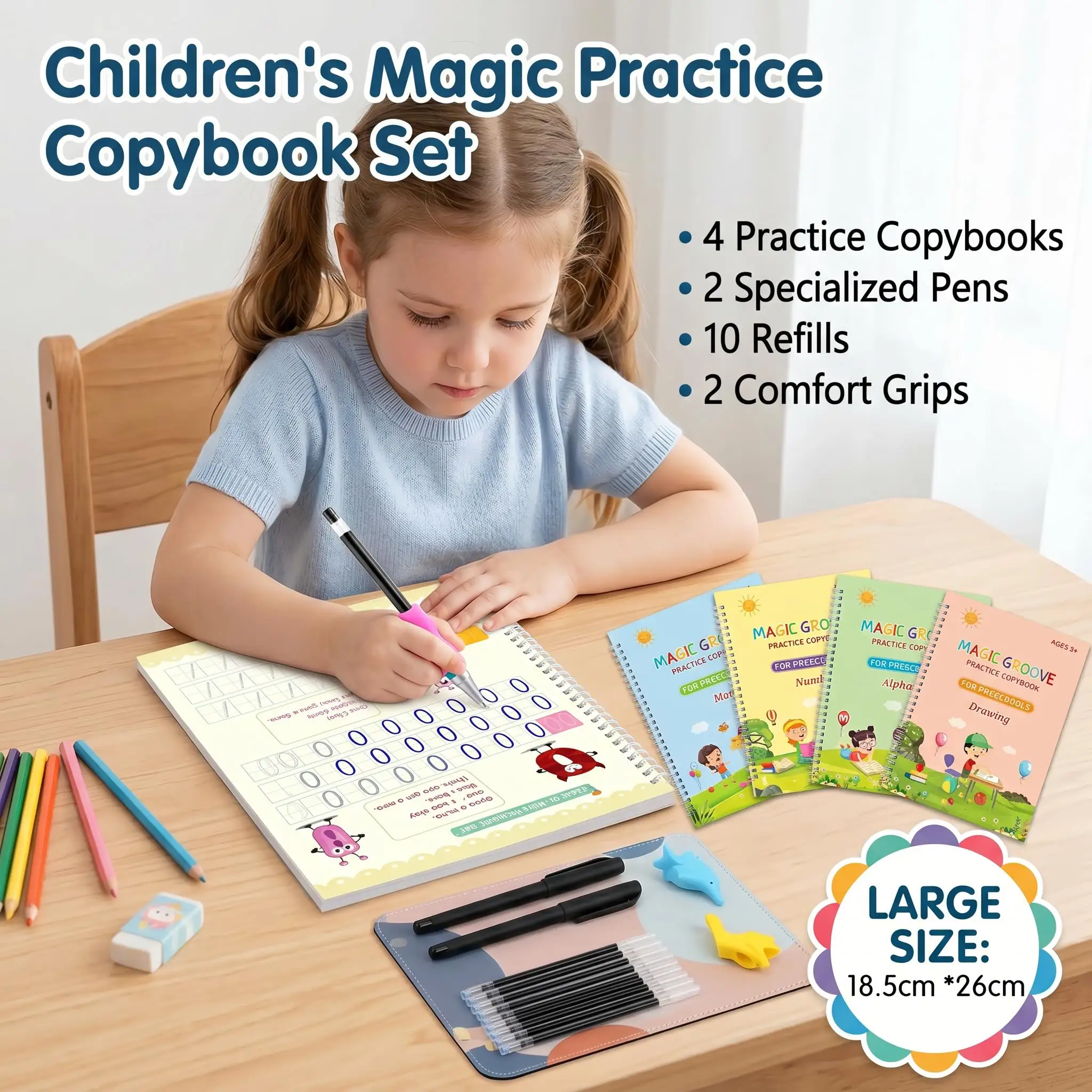 4PCS Reusable Magic Practice Copybook Kids Grooves Calligraphy Handwriting English Learning Preschool Tracing Book Pen Students